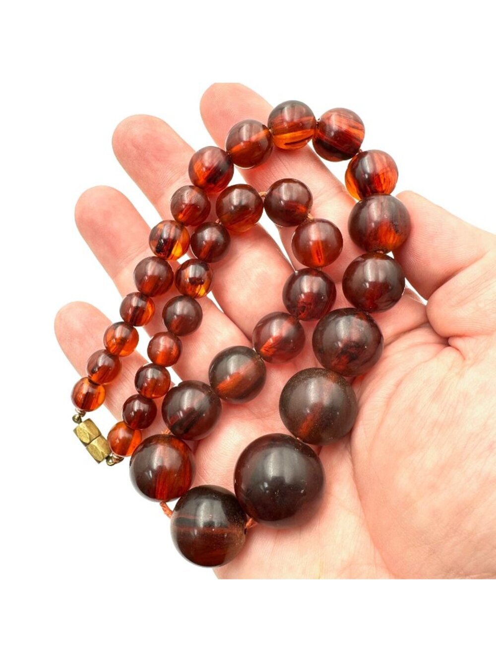 Vintage Art Deco Bakelite Faturan Marbled Cherry Amber Bead Necklace 58 Grams